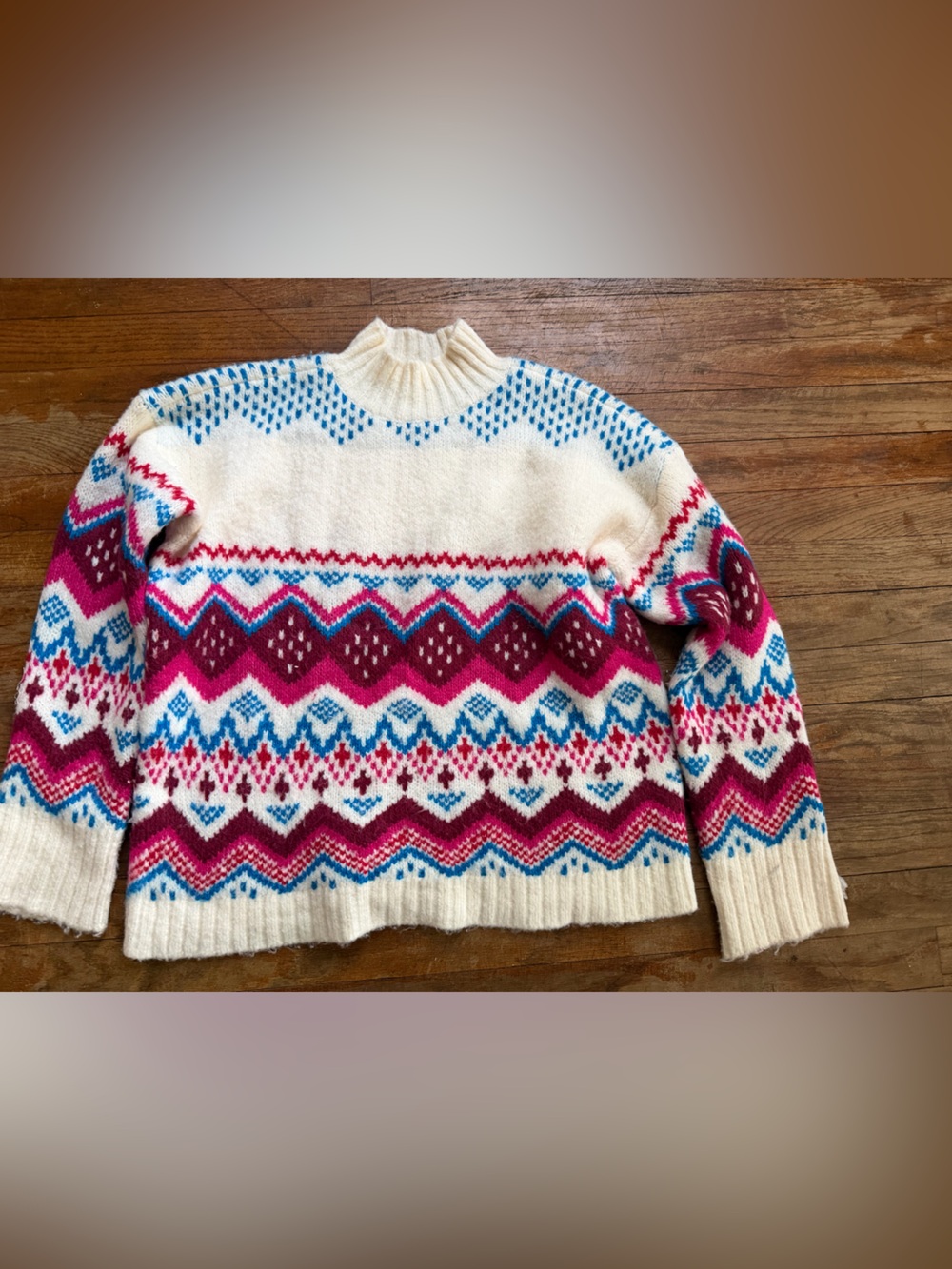 LOFT Cream Crewneck Sweater with Pink and Blue Fair Isle